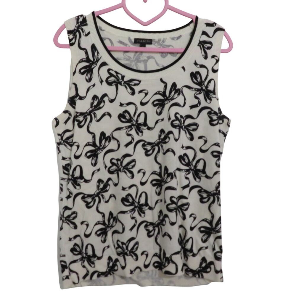 Talbots Women Sz M Charming Shell Cream Sleeveless Sweater Top Black Bow Print
